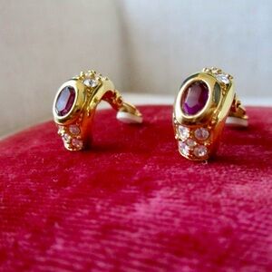 Vintage Swarovski Signed Clip On Earrings Pink Ruby Crystal Gold Tone